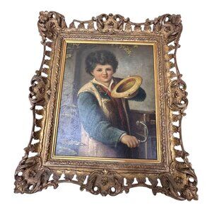 Antique Augusto Bampiani Oil Painting Boy In Hat Ornate Gold Frame Vintage Art
